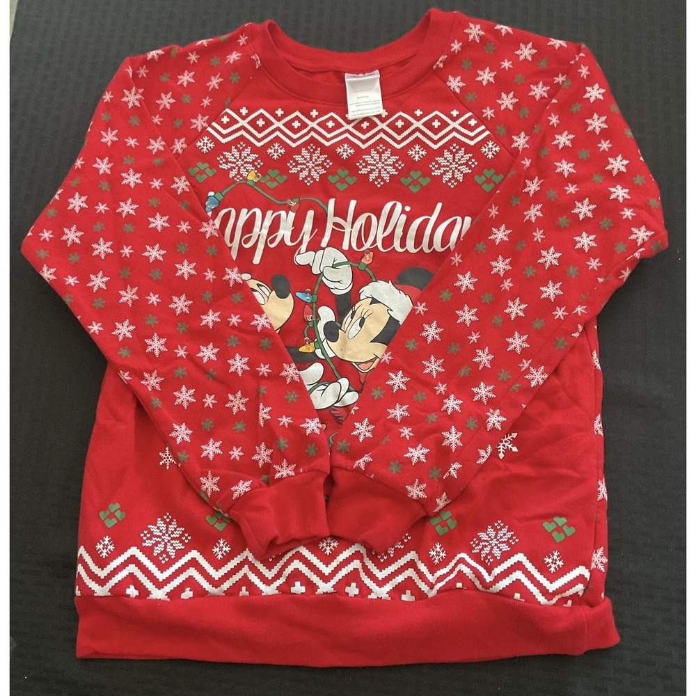 Disney Sweatshirt Unisex Size Small 3/5 Red Mickey Minnie Happy Holidays Lights